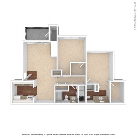 Floor plan for 2 beds, 2 baths, 1000 sqft